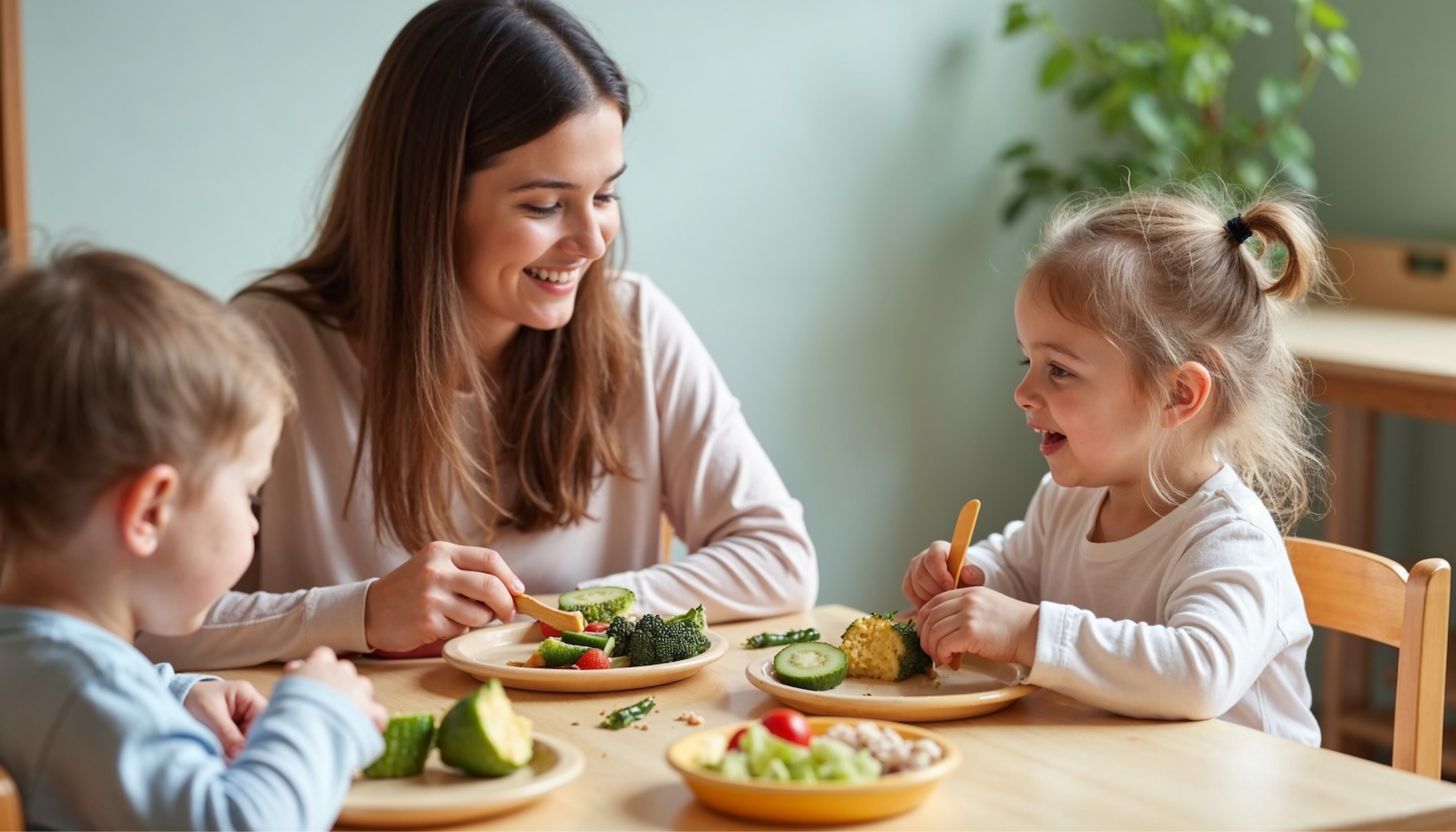 Mama z otroci pri obroku s svežo zelenjavo