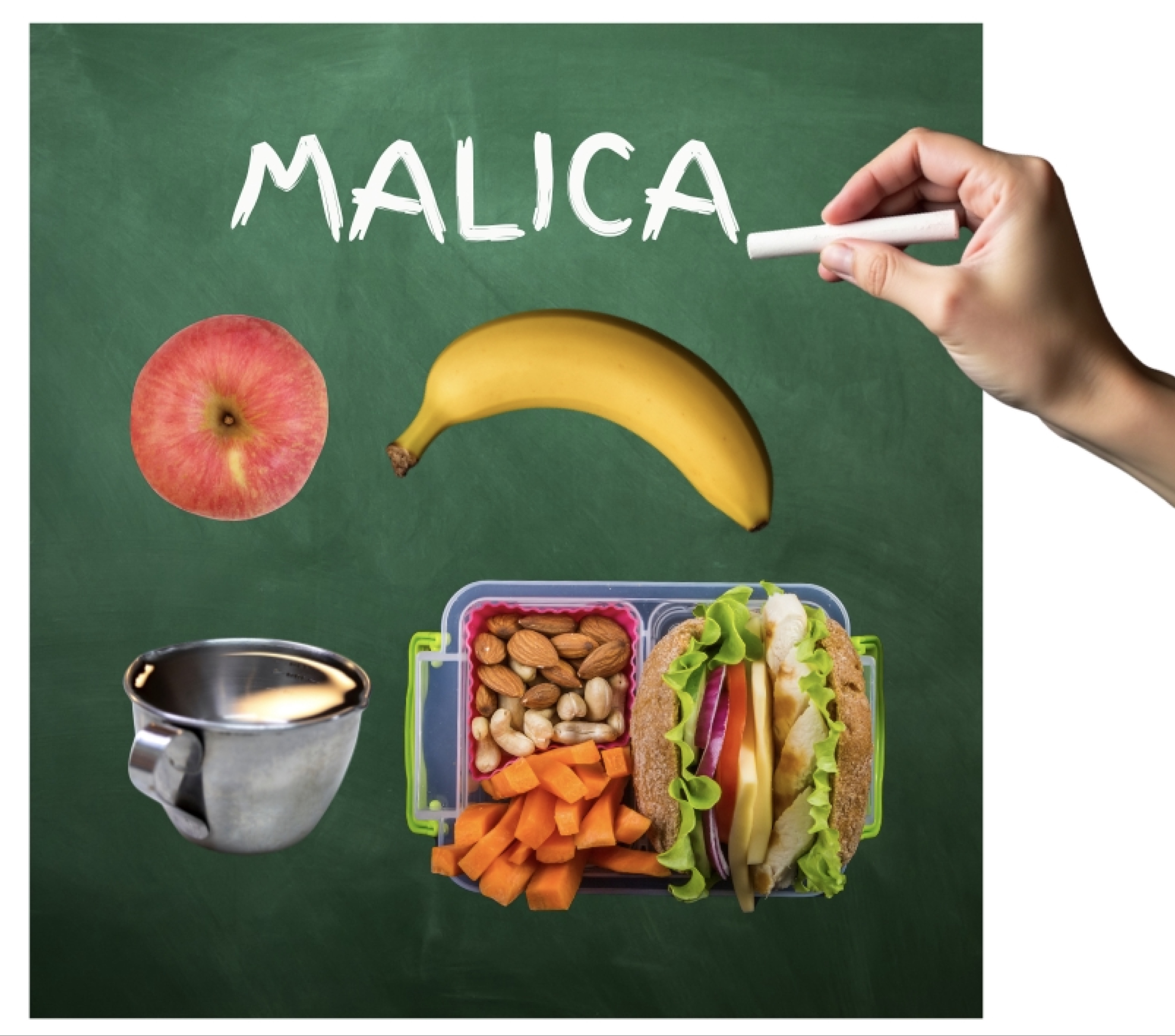 Učna tabla z napisom malica in uravnoteženimi živili