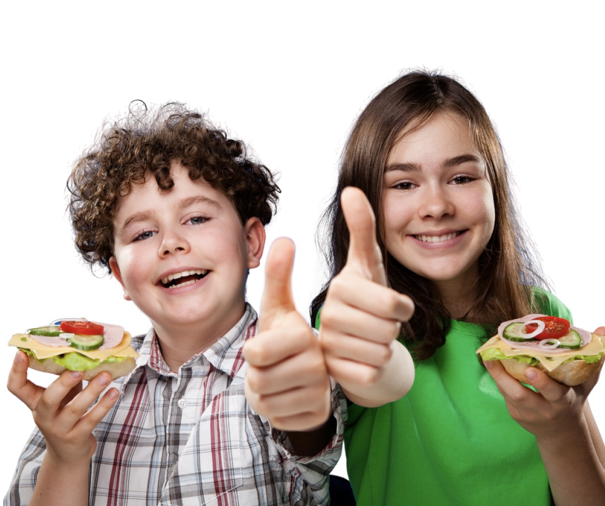 Two children with healthy sandwiches happily showing thumbs up