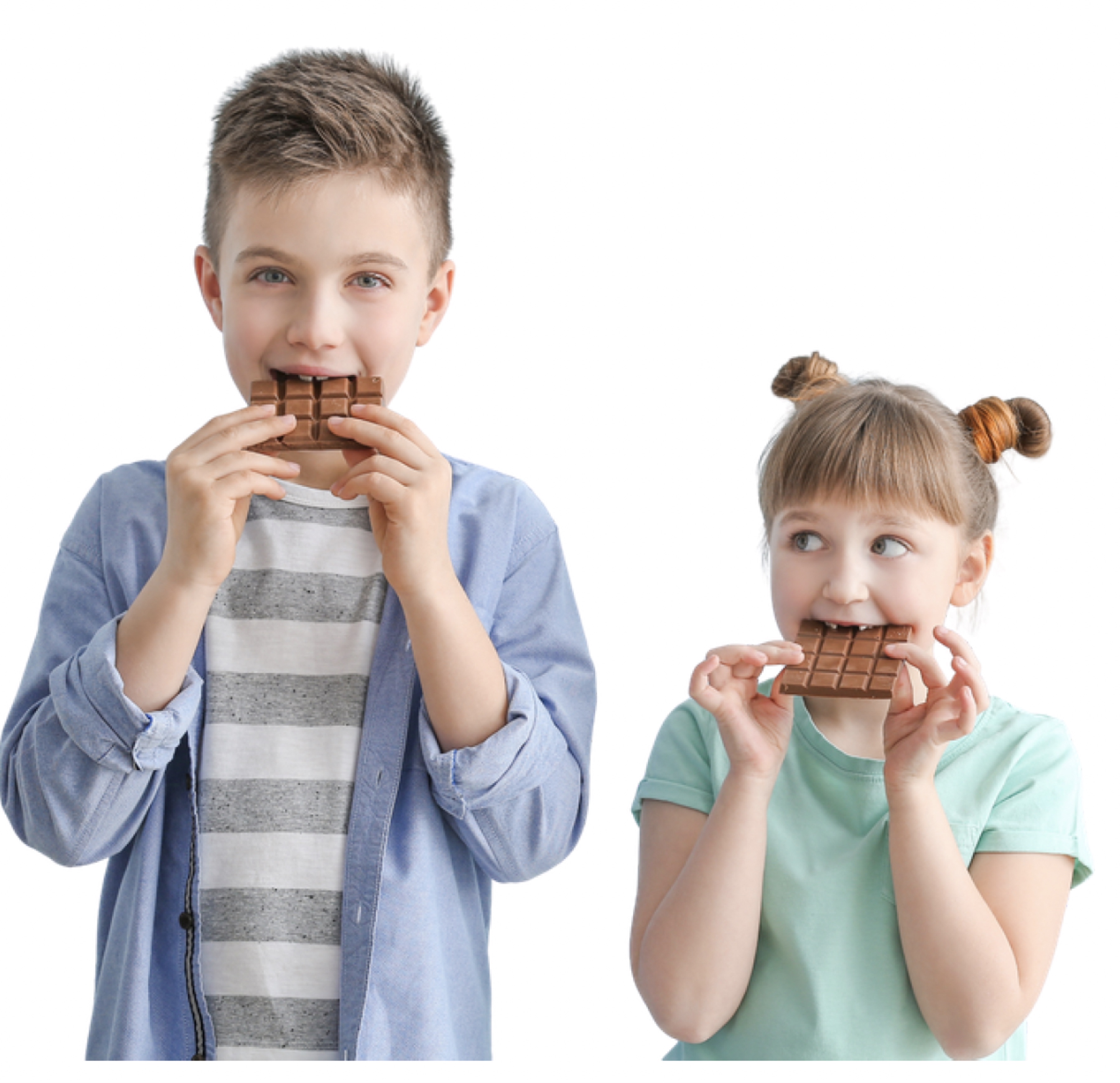 Two children eating chocolate and smiling