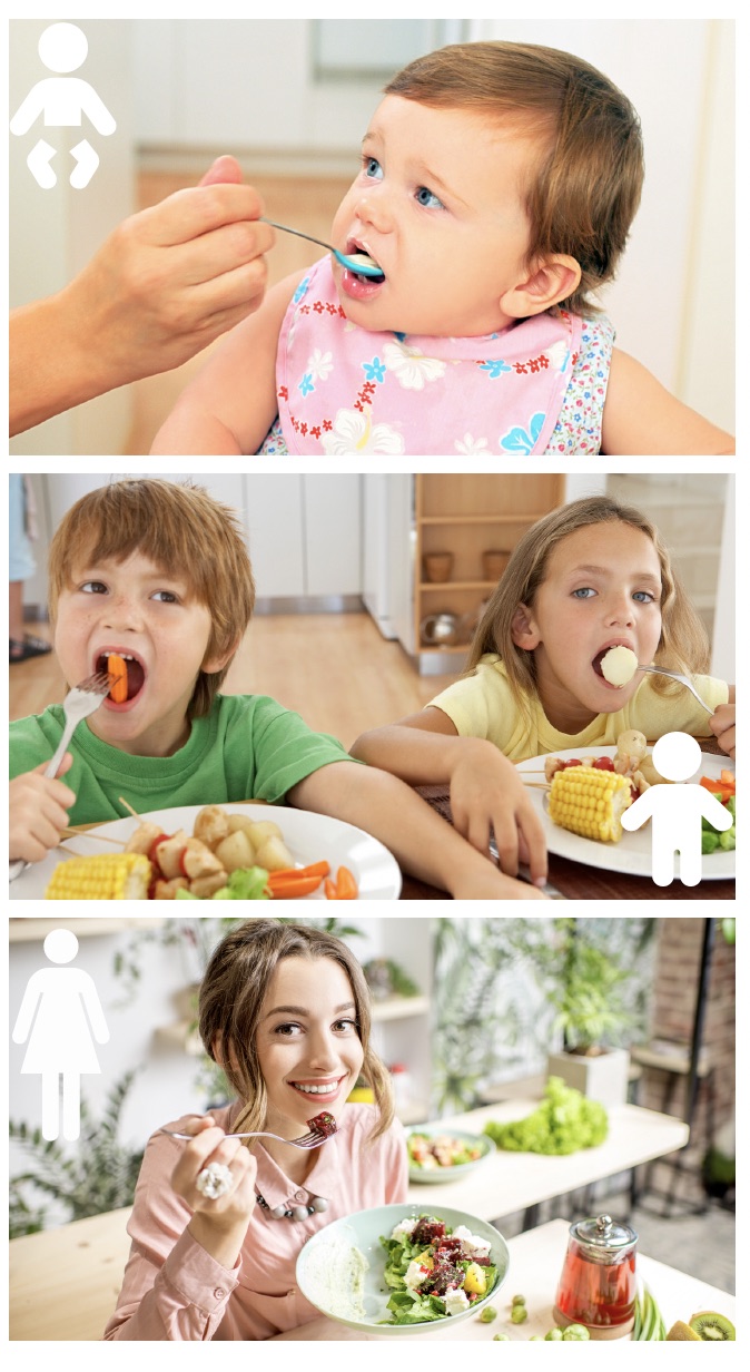 Child being fed, then children with colorful vegetables at mealtime and young woman with healthy salad